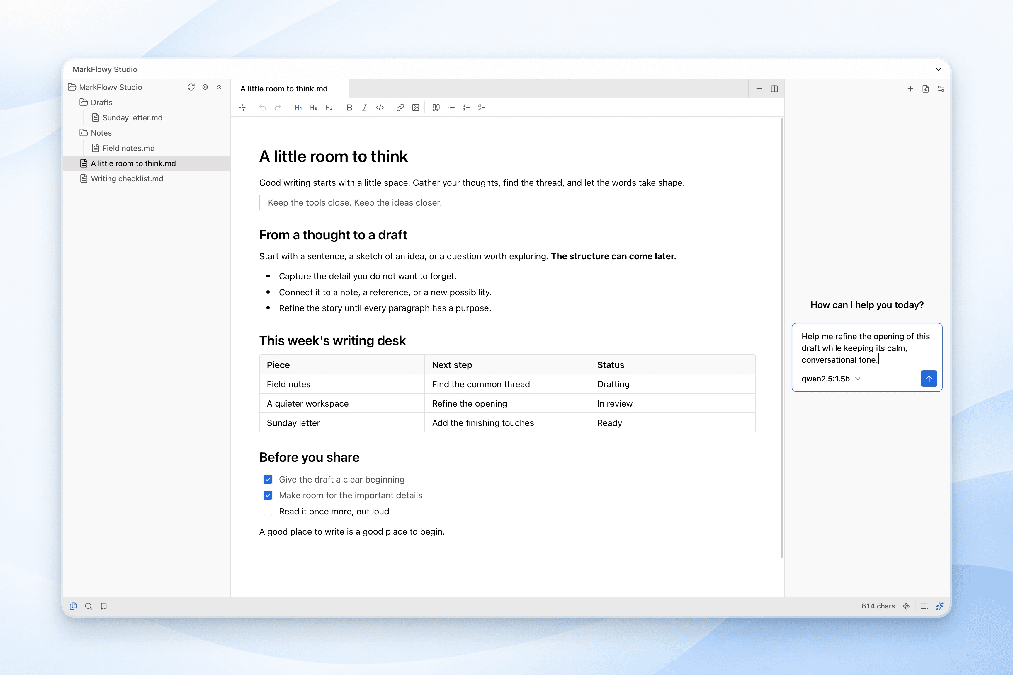MarkFlowy desktop editor with its optional AI assistant panel