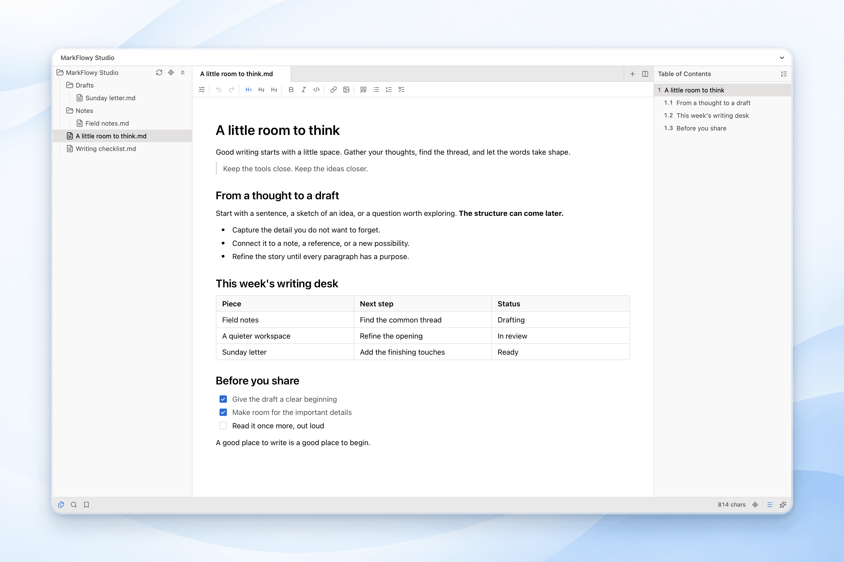 MarkFlowy desktop in light mode, showing local files, the visual editor, and document outline