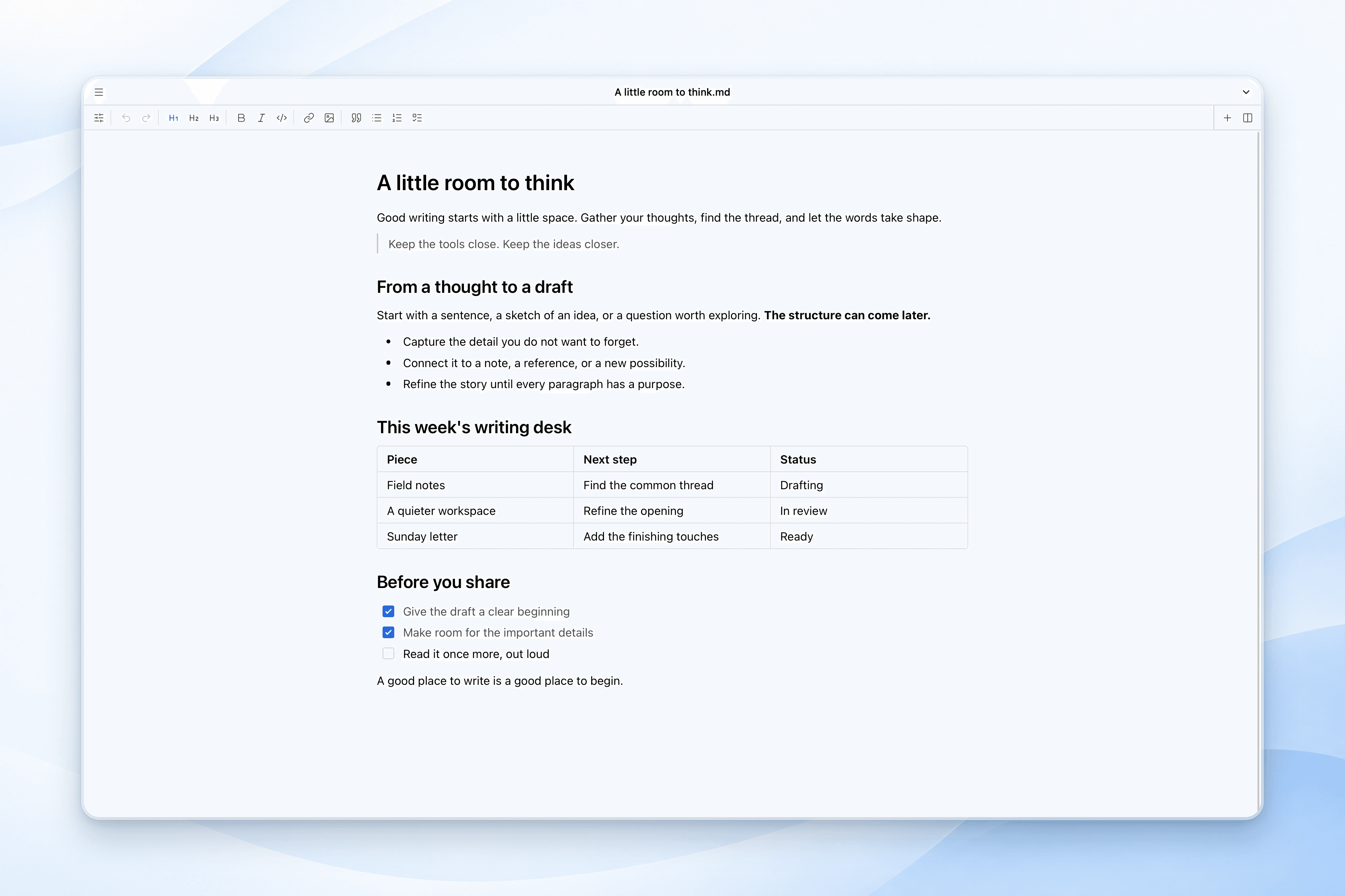 MarkFlowy Desktop in single-file mode, with a Markdown document and its filename in the compact title bar